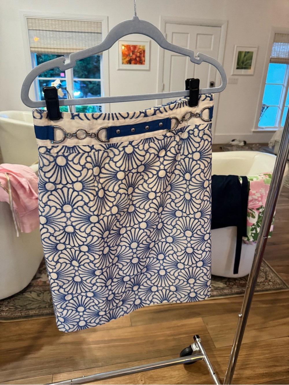 ANTONIO MELANI Blue and White Patterned Skirt with Branded Waistband